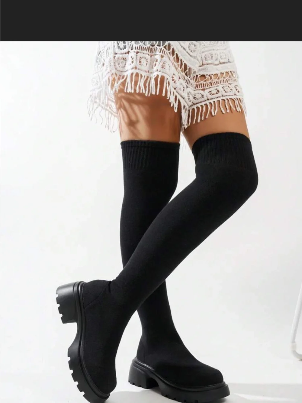 Black Over-the-Knee Ribbed Sock Boots